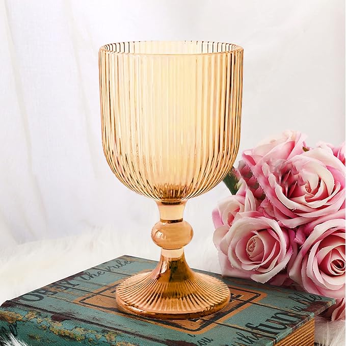 Vintage Wine Glasses Set of 6, 11 Ounces Colored Glass Water Goblets, Colorful Unique Embossed Pattern High Clear Stemmed Glassware Wedding Party Bar Glass Drinking Cups Vertical Line Gold Amber - Image 7