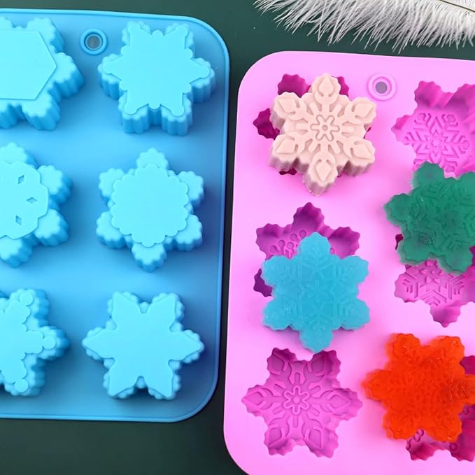 Silicone Snowflake Molds - 2 Pcs Christmas Soap Molds Non-Stick 3D Snowflake Candle Bath Bomb Mold Christmas Baking Tray Cake Cupcake Backing Mold Chocolate Candy (Pink/Blue) - Image 6