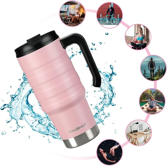HAUSHOF 24 oz Travel Mug, Stainless Double Wall Vacuum Insulated Tumbler with Handle & Spill Proof Twist On Flip Lid and Wide Mouth, BPA Free (Pink) - Image 7