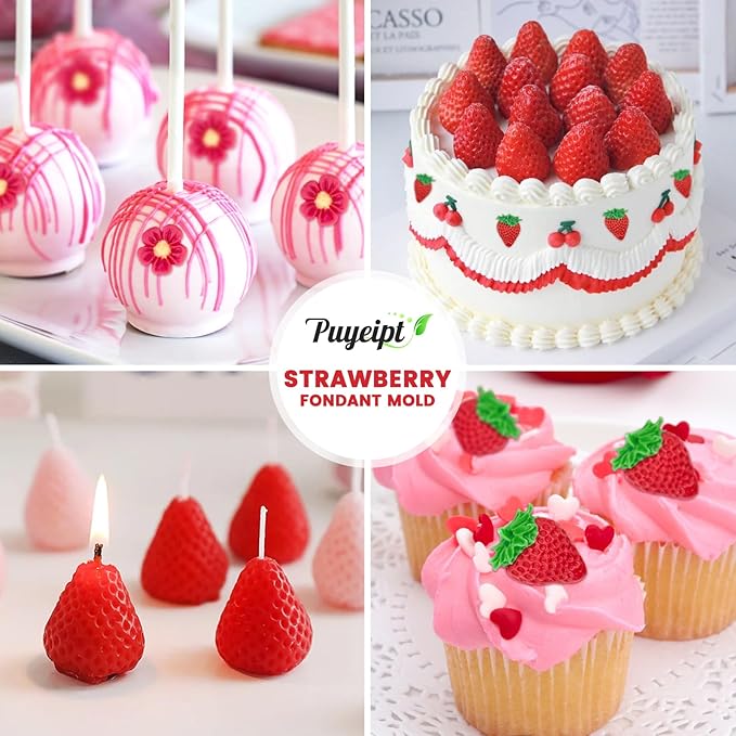 4 Pcs Strawberry Fondant Molds, Strawberry Chocolate Molds, 3D Flower Fruit Silicone Baking Molds for Cake Decoration, Cupcake Topper, Candle, Clay, Wax Making