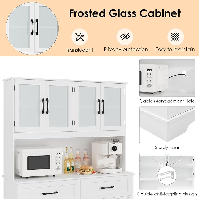 BOTLOG 71" Large Pantry Storage Cabinet with Microwave Stand | Tall Hutch Cabinet with Glass Doors 8 Storage Compartments for Dining Room, Modern White - Image 8