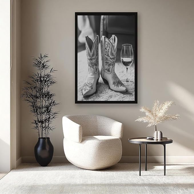 UXCBIA Cowboy Boots And Wine, Black And White, Stylish Vintage Country Poster Canvas Poster Wall Art Decor Print Picture Paintings for Living Room Bedroom Decoration Black Frame 20x30in(50x75cm) - Image 8