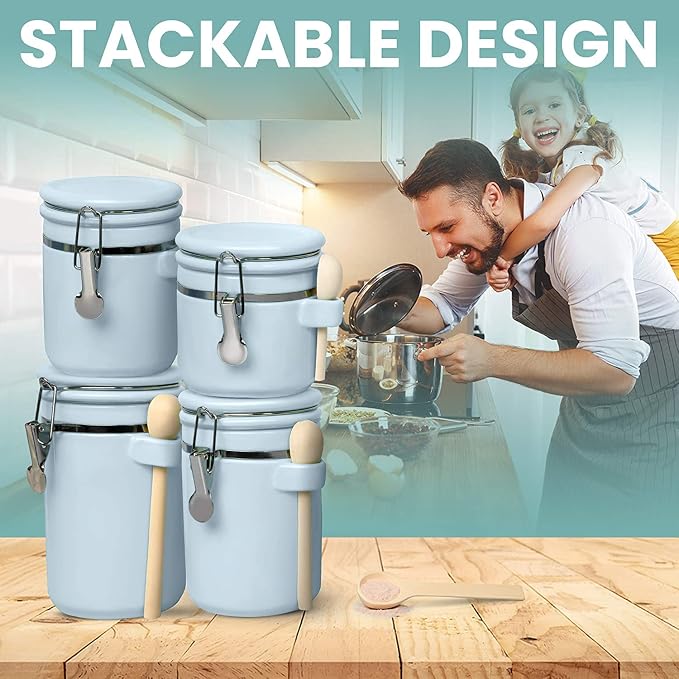 Home Intuition 4-Piece Ceramic Kitchen Canisters Set, Airtight Containers with Wooden Spoons Reusable Chalk Labels and Marker for Sugar, Coffee, Flour, Tea (Light Blue) - Image 7