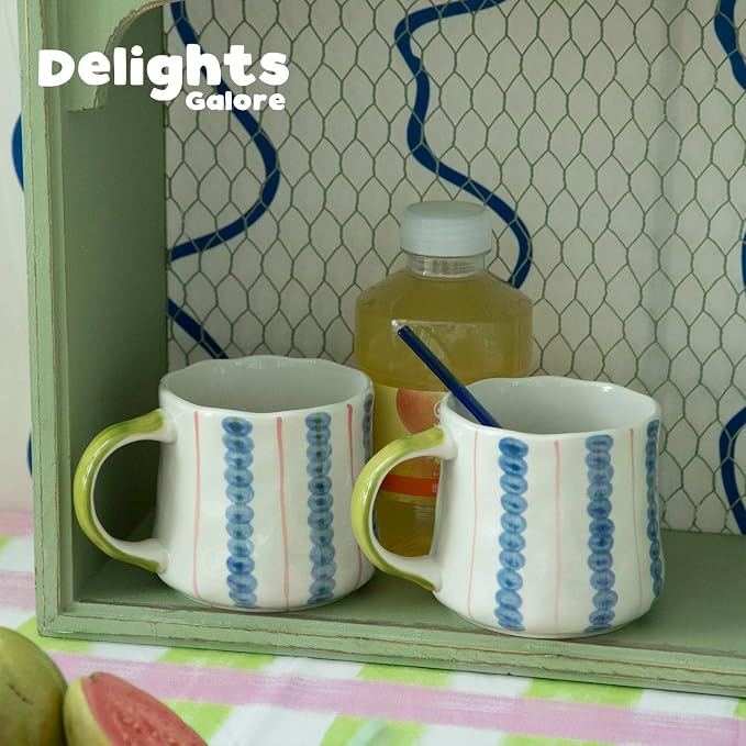 Striped Ceramic Coffee Mug Set of 4 (16oz) - Handmade Look Tea Cups with Yellow/Green Handles, Microwave Safe, Durable Daily Drinkware - Image 9