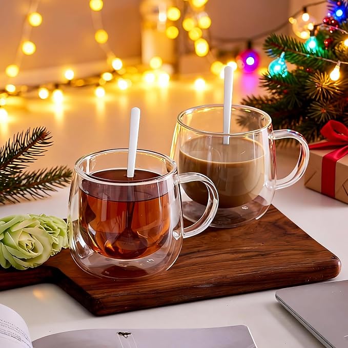 Double Wall Glass Coffee Mugs 10 Oz with Handle - Set of 4 | Insulated Clear Espresso Coffee Mug with Handle, Double Walled Coffee Cups for Cappuccino, Latte, Tea, Hot Drinks - Image 7