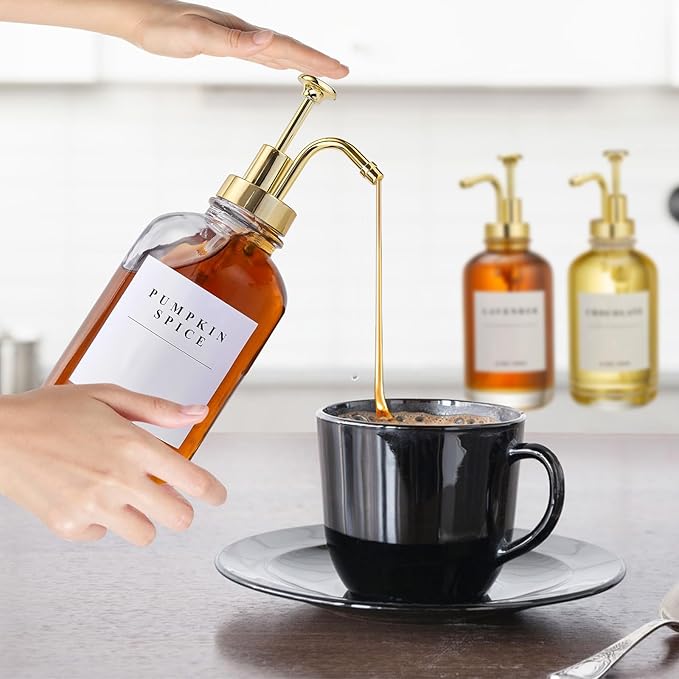 Coffee Syrup Dispenser for Coffee Bar, Coffee Syrup Pump Dispenser, Glass Syrup Bottle with Gold Upgraded Pump, 4 Pack 16.9 oz 500 ml Syrup Dispensers, 28 Labels and Large Bamboo Tray