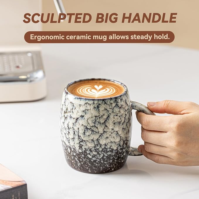 Ivory Nebula Ceramic Coffee Mug - 14 oz Unique Reactive Glaze Coffee Cup with Large Handle, Barrel Cute Mug for Women Men Home Office Gift - Image 9
