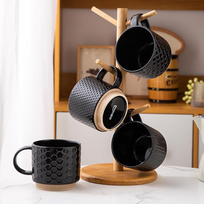 GBhome 15 OZ Stackable Coffee Mugs Set of 4, Ceramic Coffee Cups Set | 4 Assorted Designs, Embossed Mugs with Texture Patterns for Tea/Coffee, Dishwasher&Microwave Safe, BLACK - Image 8