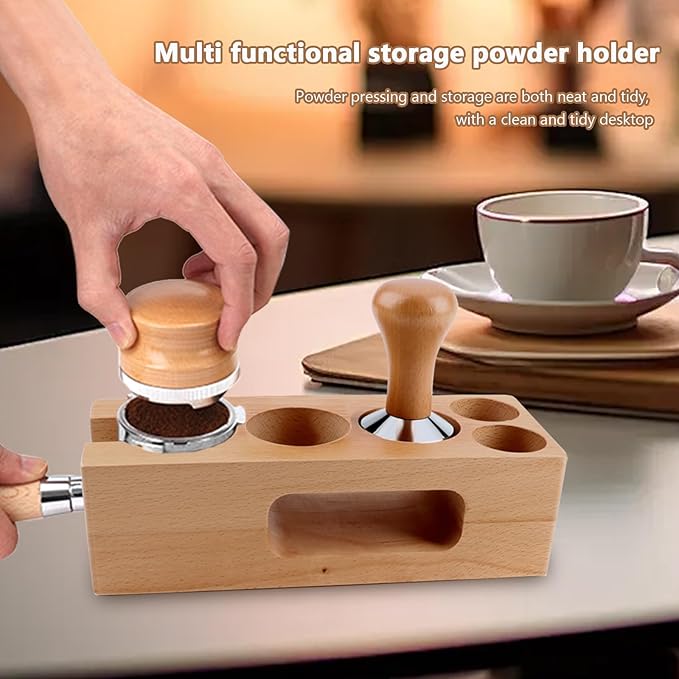 7Pcs Wooden Espresso Kit 51mm, Espresso Tamping Station, Coffee Distributor and Tamper Set, Wooden Coffee Bar Accessories with WDT Stirrer, Latte Pen, Paper Filters, Brush for Home Coffe House