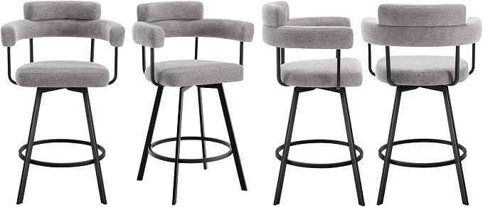 Flouki Swivel Bar Stools with Backs and Arms, Modern Bar Stools Set of 4 for Kitchen Island, 26" Upholstered Linen Counter Height Bar Stools for Kitchen Counter, Dining Room, Grey - Image 8