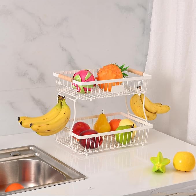 2 Tier Detachable Fruit Basket Bowl with 2 Banana Hangers, Fruit Stand Holder for Kitchen Countertop, Metal Wire Vegetable Storage Organizer, for Bread Snack Veggies Produce, White - Image 7