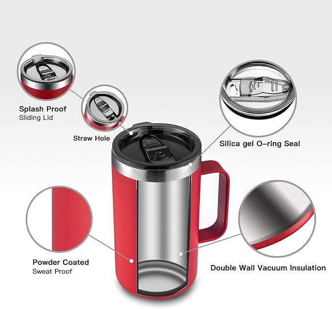 KXIAOCHEN 2-Pack 20 oz Insulated Coffee Mugs, Coffee Cups with Wide Handles | 18/8 stainless steel, sliding lids, 6+ hours hot or 12+ hours cold, wide mouth, no-sweat, for office, home, camping and gifts - Image 6
