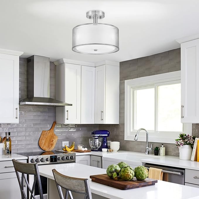 FOLKSMATE Silver Semi Flush Mount Ceiling Light Fixture, 3-Light Drum Light with Double Fabric Shade, Modern Close to Ceiling Lamp for Living Room, Bedroom, Dining Room, Kitchen, Hallway, Entry, Foyer - Image 6