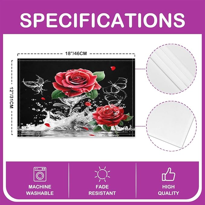 Feelyou Red Rose Placemats Set of 4 Romantic Floral Blossom Table Place Mats for Girls Black Red Placemat for Kitchen Dining Table Women Reflection on Water Indoor Outdoor Decor Table Mats 18"x12" - Image 4