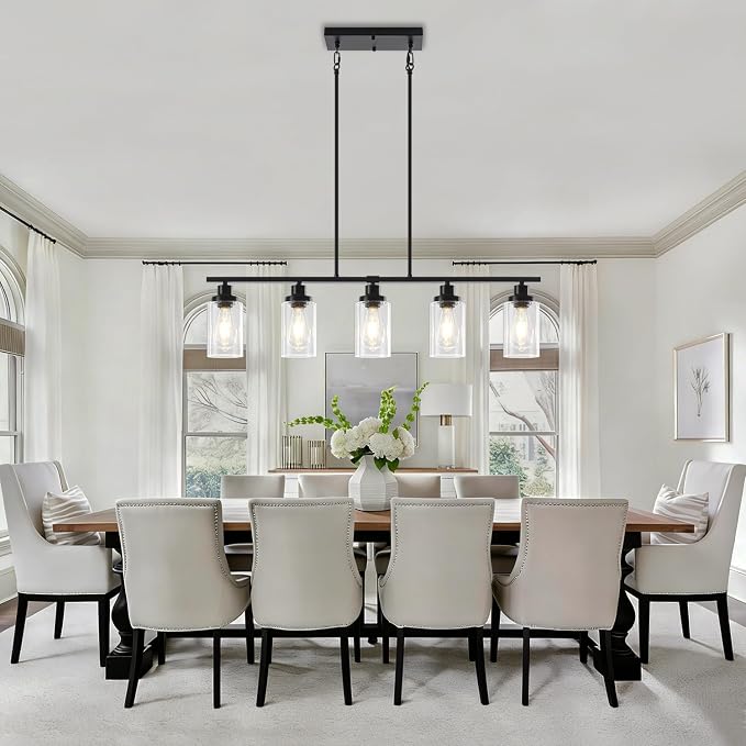 5-Light Black Kitchen Island Lighting, Modern Dining Room Light Fixtures | 37'' Farmhouse Linear Chandeliers Over Table, Island Lights for Kitchen with Clear Glass Shades, Adjustable Height - Image 8