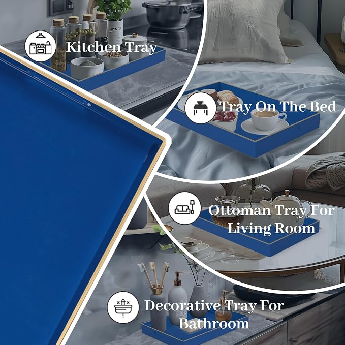 MAONAME Navy Blue Serving Tray with Handles, Plastic Modern Decorative Tray | Rectangle Melamine Tray, Ottoman Tray, Coffee Table Tray, Countertop Organizer Tray for Living Room, 15.8"L x 10.2"W x 1.4"H - Image 7
