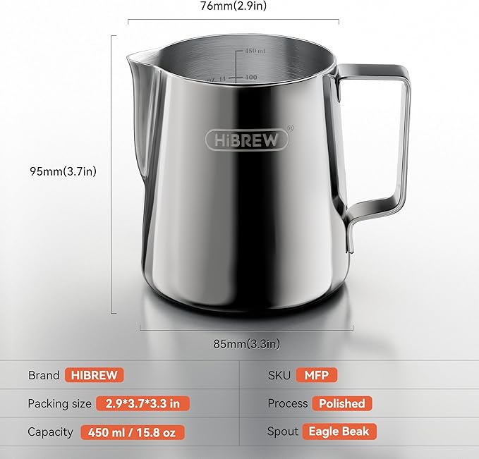 HiBREW Latte Art Pitche 15oz, Stainless Steel Milk Frothing Pitcher Steamed Espresso Cup Barista Pitcher (15oz/450ml)