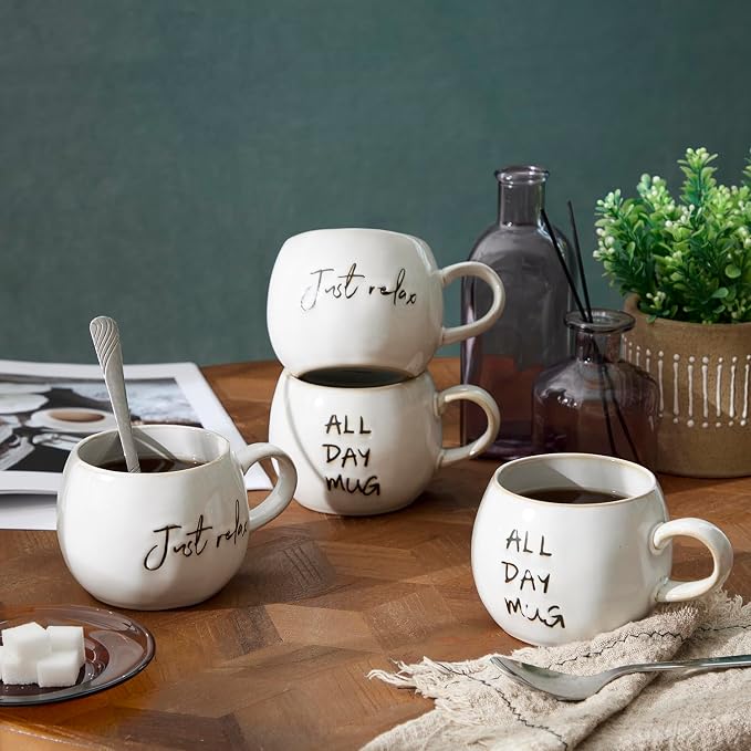 Ceramic Coffee Mugs Set, Just Relax and All Day Design, large capacity heat-resistant handle, Great for Tea Hot Chocolate, Microwave Safe, Modern, Unique Style for Any Kitchen-4pack - Image 9
