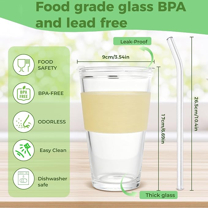 Birity 16oz Glass Cups with Lids and Straws,Glass tumbler With Straw and Lid-Reusable Iced Coffee Cups for Tea, Juice, Smoothies, Mason Jar Drinking Cup for Hot/Cold Drinks at Home,Office,Travel - Image 7