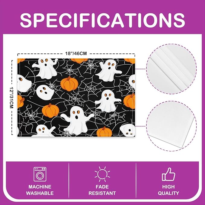 Feelyou Happy Halloween Placemats Set of 4 Cute Ghost Table Mats for Party Kitchen Dining Decoration Orange White Place Mat for Table Holiday Decor Indoor Outdoor 18"x12" Pumpkin Lantern Cobweb - Image 4