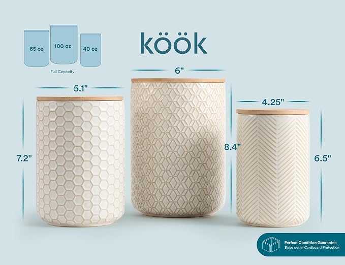 Kook Ceramic Storage Containers, Embossed Pantry & Bathroom Canisters with Airtight Bamboo Lids, Dishwasher Safe Stoneware Jars (40, 65, 100 oz), Set of 3, Narbonne Collection (Ivory) - Image 6