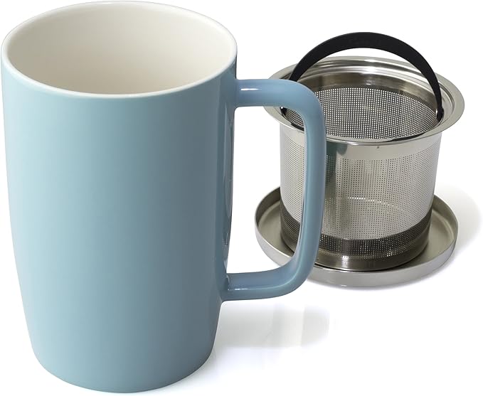 FORLIFE Dew Glossy Finish Brew-In-Mug with Basket Infuser & "Mirror" Stainless Lid 18 oz., Turquoise