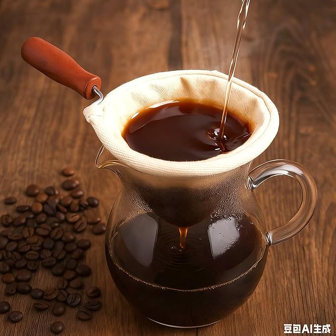 Reusable Cloth Coffee Filter with Wooden Handle Washable Flannel Cloth Coffees Sock Filter More Sense of Ritual Handmade Tea Strainer Clothes Filters Bag for Coffees Lovers Home Office Use
