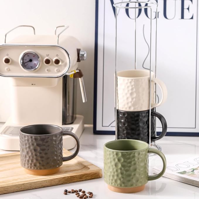 Nihow 16 Oz Ceramic Coffee Mug Set of 4 with Stackable Stand,4 color | Stackable, Stainless Stand Included, Cappuccino & Tea, Hot/Cold Drinks, Dishwasher & Microwave Safe - Image 7