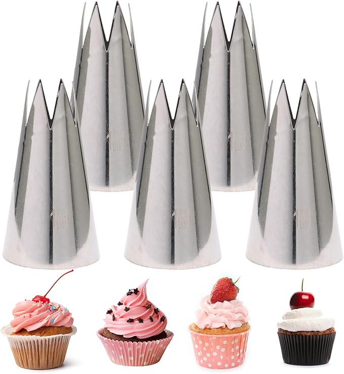 1M Piping Tips Set for Cake Decorating - 5 Piece Stainless Steel Star Nozzles for Buttercream, Icing, Cupcakes & Cookies