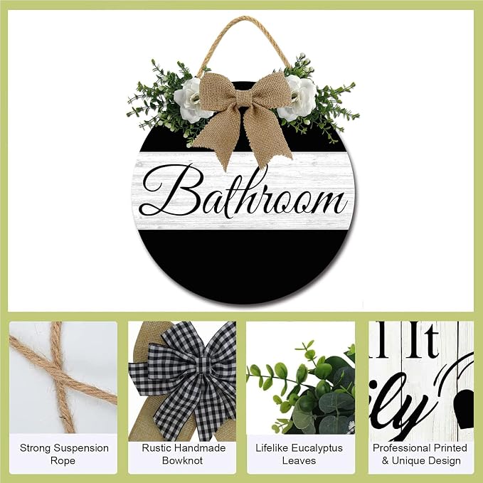 Bathroom Front Door Decor Funny Wreaths Hanging Wooden Plaque Decoration Round Rustic Wood Farmhouse Porch Decor for Home Office 11inch - Image 6