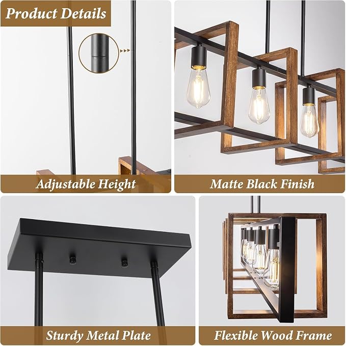 4 Lights Dining Room Light Fixture, Farmhouse Kitchen Island Lighting Wood and Black Metal Rectangular Hanging Chandelier for Ceiling Living Room, Modern Rustic Pendant Lighting Fixture Over Table - Image 7