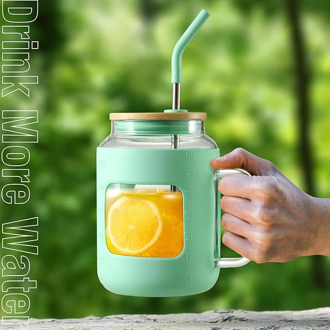 50 oz Glass Water Bottles with Silicone Sleeve,Glass Tumbler with Lid and Straw,Iced Coffee Cup with Handle,BPA Free-Green