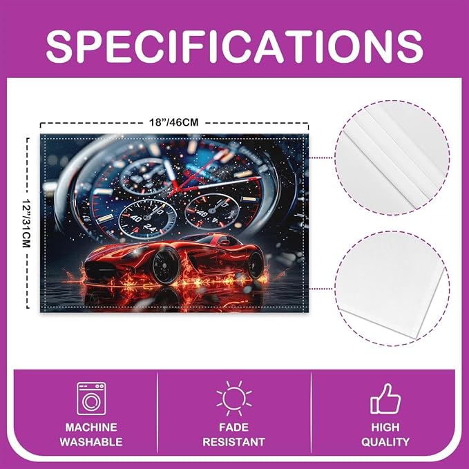 Feelyou Red Race Car Placemats Set of 4 12"x18" Speed Sports Car Placemats for Dining Table Indoor Outdoor Kitchen Racing Car Table Mats Placemat Extreme Sports Decor Table Place Mats - Image 4