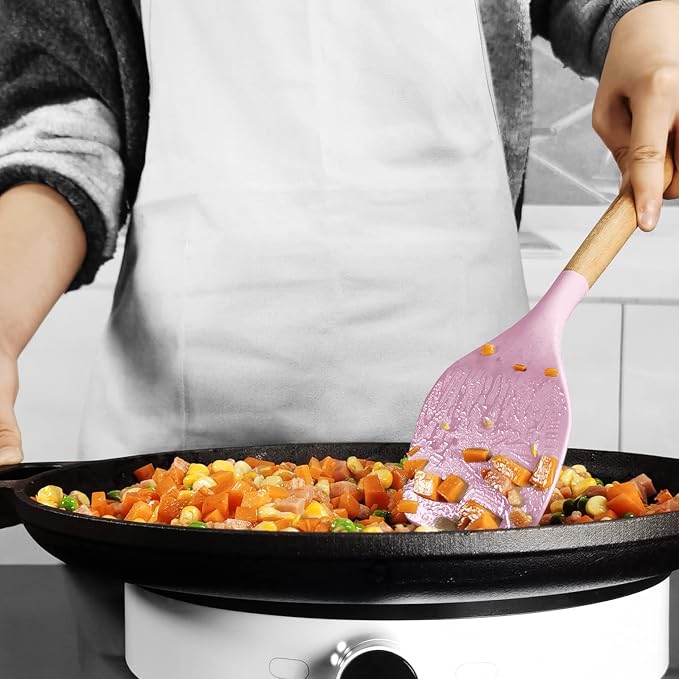 oannao Silicone Kitchen Utensils Set - 446°F Heat Resistant Cooking Utensil Sets, Spatula,Turner,Tongs,Spoon,Whisk, Wooden Handle Silicone Kitchen Gadgets Tools for Non-Stick Cookware BPA Free (Pink) - Image 9