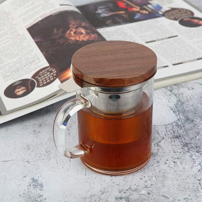COMI Tea Cup with Infuser Walnut Lid&Handle, Glass Tea Cups with Wide Mouth Extra Large Capacity, Stainless Steel Tea Infuser Mug for Loose Leaf Tea Steeping(2PCS,14oz/400ml)