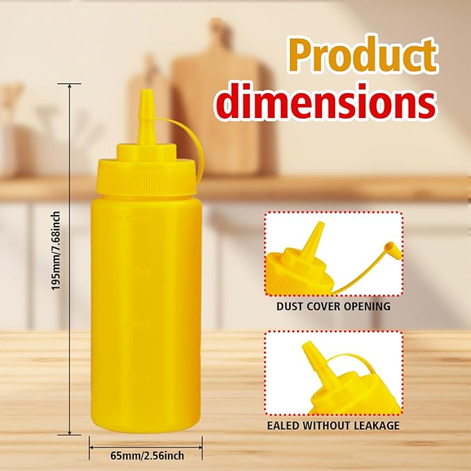 16oz Leak-Proof Sauce Squeeze Bottles- BPA-Free Kitchen & Restaurant Dispensers w/Wide Mouth for Ketchup, Mustard, Syrup, Oil, Dressings Dishwasher Safe (White+Yellow+Red, 16oz-6pack)