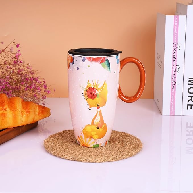 Fox Mug 20 oz Ceramic Travel Mug Porcelain Large Coffee Mug with Lid Kawaii Cup Fox Gifts for Women Housewarming Holiday Birthday Gifts for Women Mom Kids Men and Friend - Image 8