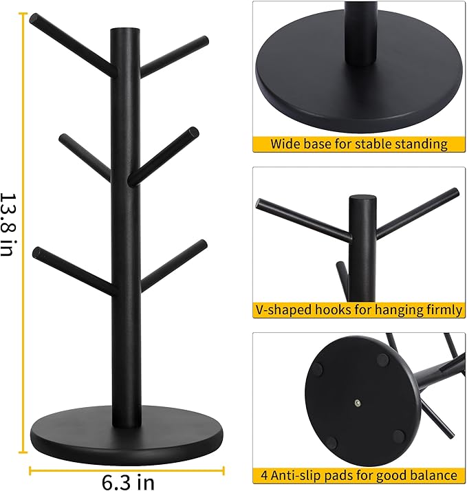 MyLifeUNIT Mug Holder Tree, Coffee Cup Holder with 6 Hooks (Black) | Anti-slip padded bottom, space-saving compact design, easy air drying, sturdy tip-resistant structure - Image 7