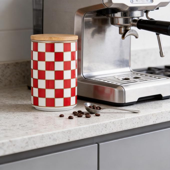 Kitchen Countertop Ceramic Checkered Canisters,Black And White Food Storage Containers With Lid,Airtight Kitchen Canisters for Flour, Sugar, Coffee, Tea, and Dry Goods (Red, Large) - Image 9