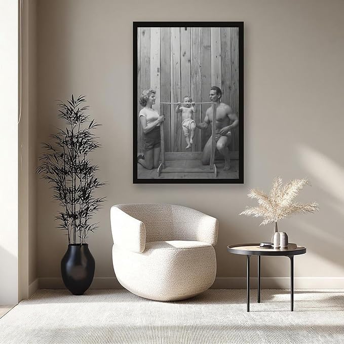 UXCBIA Baby Doing Pull-ups, Bodybuilder Family Black And White Retro Poster Canvas Poster Bedroom Decor Sports Landscape Office Room Decor Gift Black Frame 08x12in(20x30cm) - Image 8