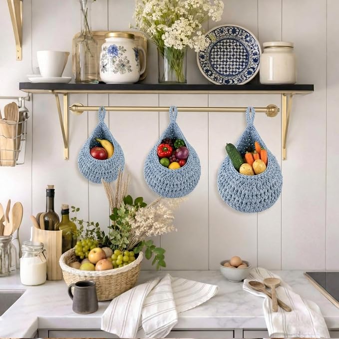 Honeydak Boho Decor Hanging Wall Baskets for Kitchen 3 Pack Teardrop Baskets with Hooks Storage Fruit Onion Vegetable Potato for Home 3 Sizes(Light Blue,Teardrop,Cotton Rope) - Image 6
