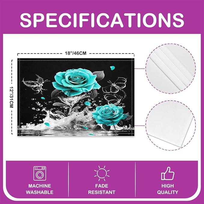 Feelyou Teal Rose Placemats Set of 4 Romantic Floral Blossom Table Place Mats Set for Adult Black Teal Placemat for Kitchen Dining Table Reflection on Water 18"x12" - Image 4