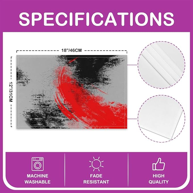 Feelyou Red Grey Black Placemats Set of 4 18"x12" Kids Abstract Placemat for Kitchen Dining Table Decor Indoor Outdoor for Boys Geometric Table Place Mats, Modern Art - Image 4