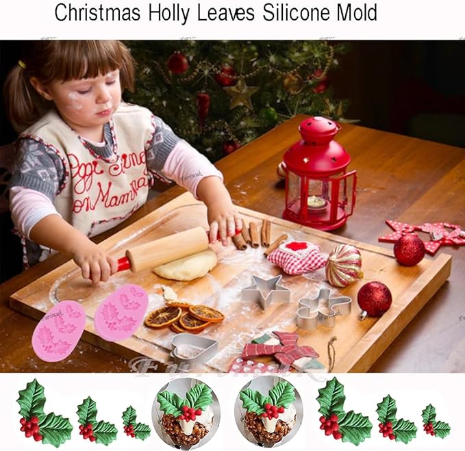 2 Pieces Christmas Holly Leaves Silicone Mold Leaf Shaped Fondant Mold Chocolate Dessert Molds for Baking Chocolate Candy Sugar Cake Decorations Polymer Clay Wax DIY Crafts