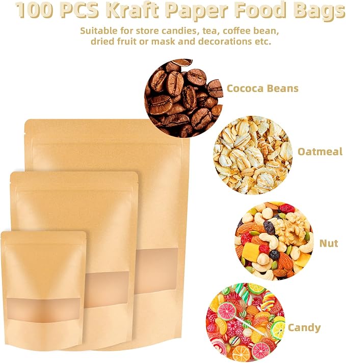 100 Pcs Kraft Stand Up Pouches 3.5 x 5.5 Inch Resealable Food Storage Bags with Matte Window for Packaging - Image 6