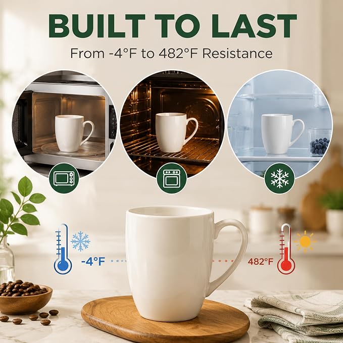White Porcelain Coffee Mugs Set of 6, 13 Ounce Coffee Cups with Handle, Ceramic Tea Mugs for Latte, Hot Tea, Cappuccino, Mocha, Cocoa, Mug Gift Set, Dishwasher and Microwave Safe - Image 8