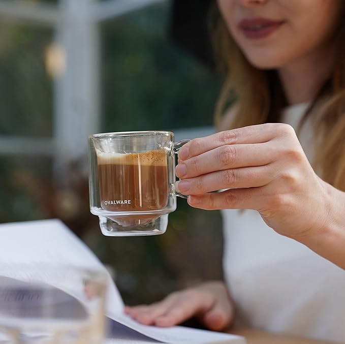 ovalware RJ3 Espresso Coffee Cups 4oz/120ml (Set of 2) Double-Walled Cup w/Solid Butterfly Handle - Elegant Borosilicate Espresso Shot Mug - Stackable Insulated Transparent Demitasse