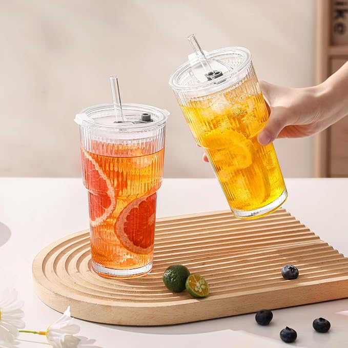 20oz Iced Coffee Cups with Lids, Ribbed Glass Cups with Lids and Straws | Thick Reusable Glass, Leak-Resistant Lids, Fits Most Car Cup Holders, For Iced Coffee, Tea, Smoothies and Cold Drinks - Image 9