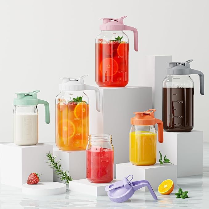 Glass Mason Jar Pitcher, 64 oz Wide Mouth Jug with Pour Spout Handle Lid for Cold Brew Coffee, Ice Beverage, Iced Juice, Lemonade, Sun Tea, Fruit Drinks Container(Purple)