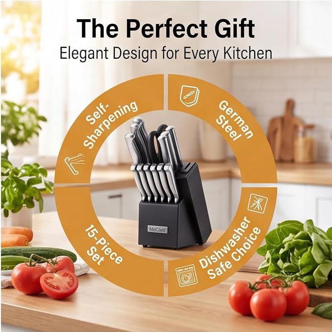 McCook Knife Set Sharp Kitchen Knife Block Set w Built-in Sharpener | German Forged Stainless Steel,15 PC,Razor Sharp,Anti-Rust,Restaurant Grade,Ergonomic Handle,Full Tang,Gift Box - Image 8